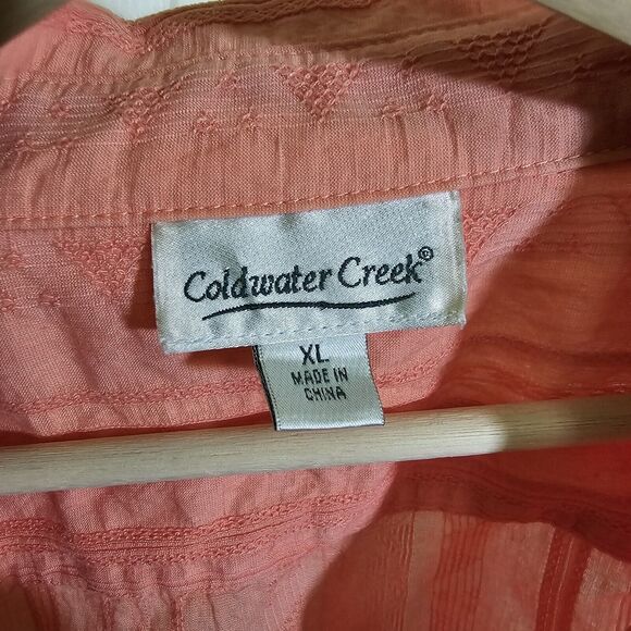 Coldwater Creek Women’s Shirt XL Peach Melon Textured Floral Stripes 3/4 Blouse - Picture 2 of 10